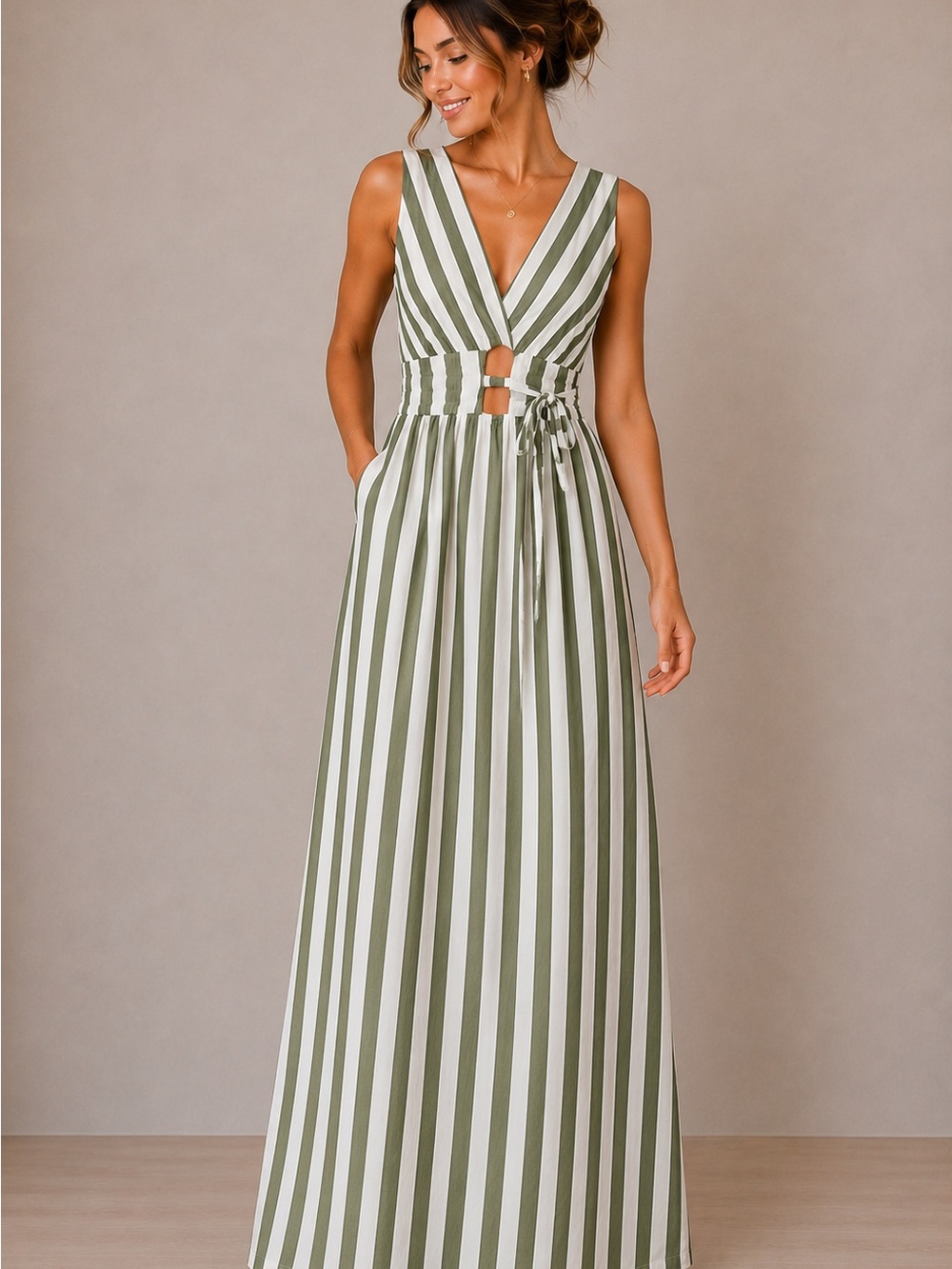 LOFT Olive and White Vertical Stripe Maxi Dress